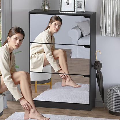 Shoe Cabinet with 3-Flip Mirror Drawers, Freestanding Shoe Rack Organizer with Hidden Handle, Slim Narrow Shoe Storage Cabinet for Entryway, Entrance, Hallway, Bedroom