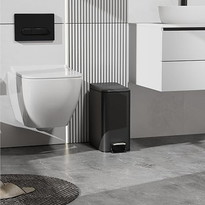 Small Trash Can with Lid Soft-Close, 6 L/1.6 Gal Bathroom Garbage Can with Removable Inner Bucket, Step Pedal, Stainless Steel Wastebasket for Kitchen, Bathroom, Bedroom, Office, Matt Black