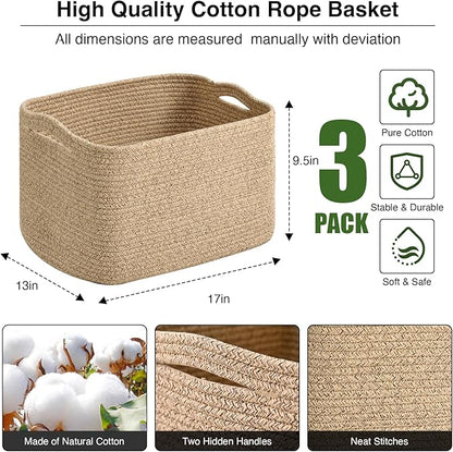 Large Storage Baskets for Organizing Shelves, Woven Cotton Rope Bins for Baby Nursery Organization, Book Toy Towel Organizer, 17"x13"x9.5", 3 Packs, Brown