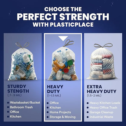 Plasticplace 13 Gallon Trash Bags │ 1.2 Mil │ White Extra-Large Drawstring Garbage Can Liners │ 24" x 31" (50 Case)