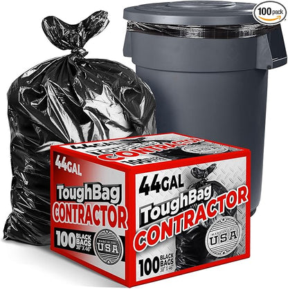 ToughBag 44 Gallon Commercial Trash Bags, 38x46” (100 COUNT) – 39, 40, 42 Gallon Contractor Bags, Black Garbage Can Liners - Made in USA