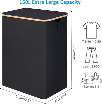 efluky Double Laundry Hamper with Lid, Divided Laundry Hamper with Removable Bags, 2 Section Dirty Clothes Basket with Handles for Bathroom, Bedroom & Laundry Room, 160L Black