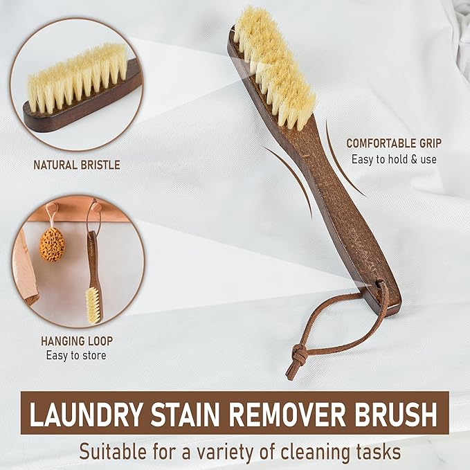 Takavu White Boar Bristle Laundry Stain Brush Set (2 Pack) - Small Spot Cleaner Scrubber for Clothes, Fabric Pre-Wash Treatment, Delicate Garment Care