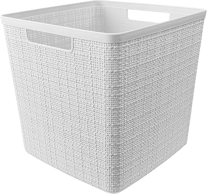Curver Jute Decorative Plastic Organization and Storage Basket Perfect Bins for Home Office, Closet Shelves, Kitchen Pantry and All Bedroom Essentials, White, Large Cube, Set of 4