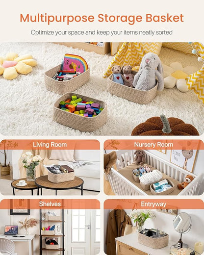 Small Woven Basket, 12 x 8 x 4.5 Inches, Storage Basket for Organizing, Cute Small Rope Shelf Closet Cube Storage Bins Baskets for Shelves, Dog Toy Gift Baskets Empty, 3 Packs, Mixed Brown
