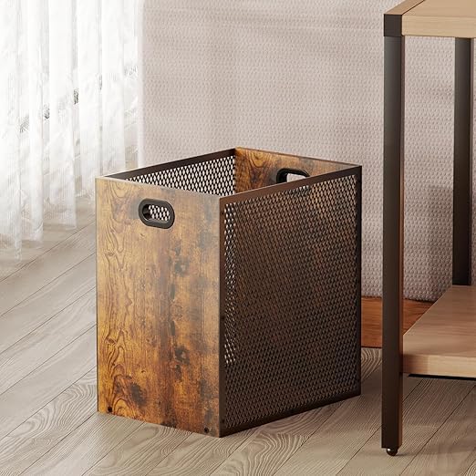 Retro Office Trash Can, Iron and Wood Combination Bedroom Garbage Can, Rectangular Design Wastebasket with Handle, Industrial Style Trash Can for Home Office, 4.5 Gallon (Patent Pending)