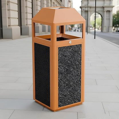 Commercial Metal Outdoor Trash Can with Lid, Lockable Outdoor Garbage Can with Nature Stone Panels, Heavy-Duty Rustproof Trash Bin with Removable Liner for Parks & Public Spaces