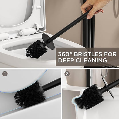 FORIOUS Toilet Brush and Holder Set, 304 Stainless Steel Heavy Duty Base and Handle for Bathroom Deep Cleaning, Toilet Bowl Cleaners Brush with Holder, Space Saving for Storage (2, Matte Black)