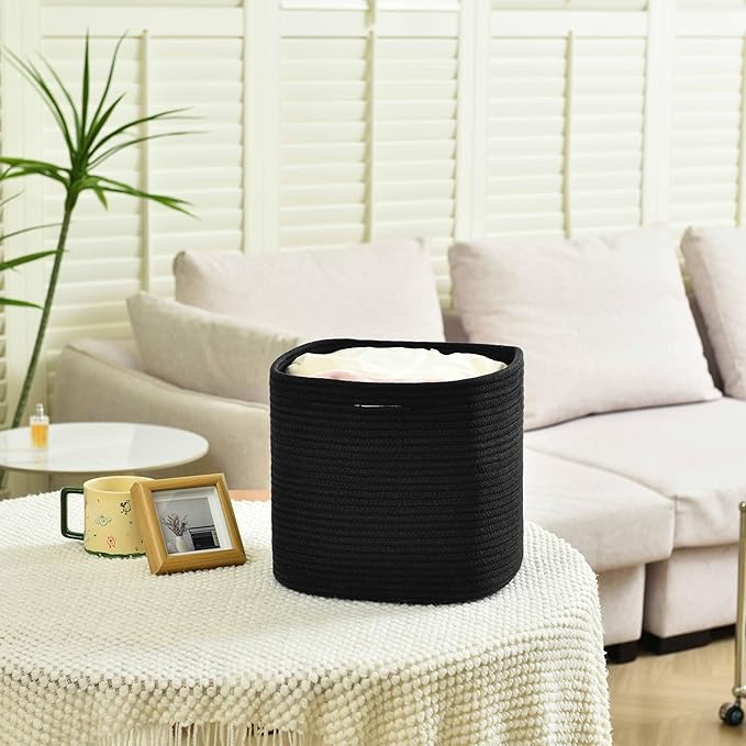 3 Pack Storage Cubes 11 Inch Cotton Rope Woven Baskets for Organizing Cube Bin Square Shelves Organizer,Classroom,Kids Toy Bins,Closet,Baby Nursery(Black)