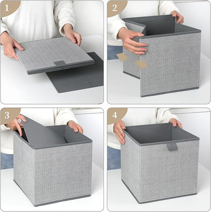 Storage Baskets, 11.8-Inch Woven Fabric Bins, Storage Cubes with Reinforced Handles, Organizer Bins for Closet Shelves, Foldable, for Toys, Clothes, Natural Beige (3PCS/Grey-11.8*11.8*11.8inch)