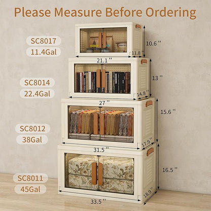 Plastic Stackable Storage Bins with Lids and Wheels, Foldable Closet Organizers and Storage Containers for Bathroom, Collapsible Clear Drawer Storage Cabinet with Doors White 22.4Gal 2Tiers