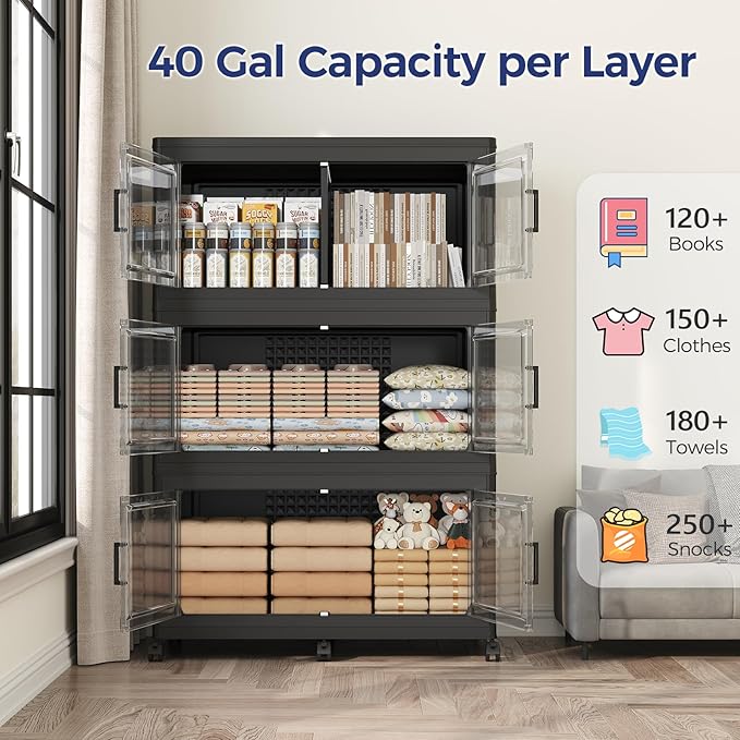 160GAL Storage Bins with Lid and Wheels, Stackable Closet Organizers and Storage Drawer, Collapsible Storage Box with Dividers, Foldable Plastic Cabinets Cubes Totes for Garage, 4 Pack Black