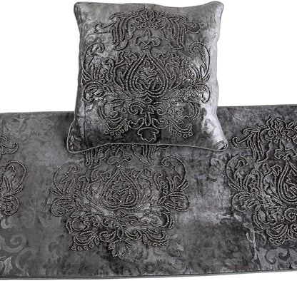 HomeCentric Designer Handmade Bed Runner and Throw Pillow Cover, 74 x 18 Inch Damask Foil Velvet and Embroidery Bed Linen