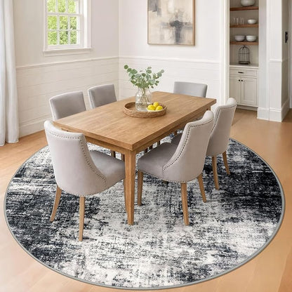 IOHOUZE Abstract Round Area Rug 8 Ft Washable Circle Rugs Large Round Rug Non Slip Thin Soft Circle Rugs, Printed Faux Wool Floor Carpet for Bedroom Living Room Dining Room Nursery, Black Grey
