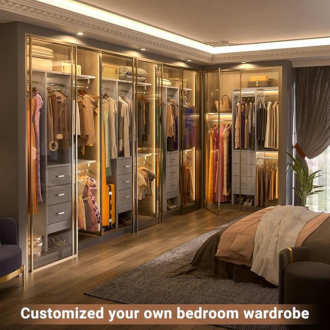 4FT Small Closet System with 3 Fabric Drawers, 48'' Closet Organizer System With 3 Adjustable Shelves, Flexible Built-In Clothes Garment Rack for Small Space, 48" L x 13" W x 71" H, Grey