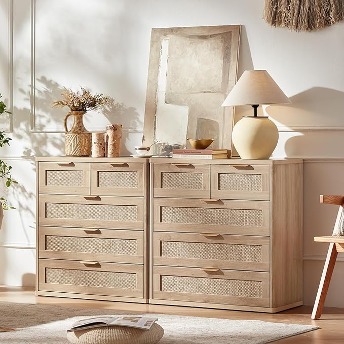 LEYAOYAO Rattan Dresser for Bedroom, 33.5" Tall Chest of Drawers, Modern 5 Drawers Boho Dressers with Storage, Light Oak Dresser Wooden Closet Organizer for Living Room, Hallway, Natural Wood