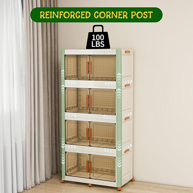 4 Tier Extra Large Stackable Storage Bins with 1 Lid 155 QT/Tier, Collapsible Plastic Box Storage Bin with Wheels, Home Containers Boxes Closet Organizers for Living Room, Office, Dorm