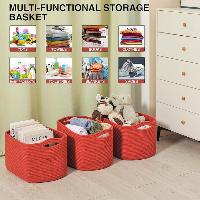 Storage Baskets for Organizing, Storage Basket for Shelves, Toy Towel Basket for Bathroom Nursery, Woven Cotton Rope Baskets for Decor, 15"x11"x9.5", 3 Packs, Brick Red