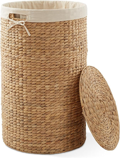 Casafield Round Laundry Hamper with Lid and Removable Liner Bag - Natural, Woven Water Hyacinth Wicker Laundry Basket for Clothes and Towels