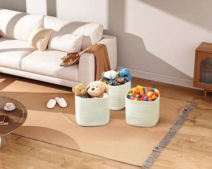 3 Pack Storage Cubes 11 Inch Cotton Rope Woven Baskets for Organizing Cube Bin Square Shelves Organizer,Classroom,Kids Toy Bins,Closet,Baby Nursery(Creamy White)