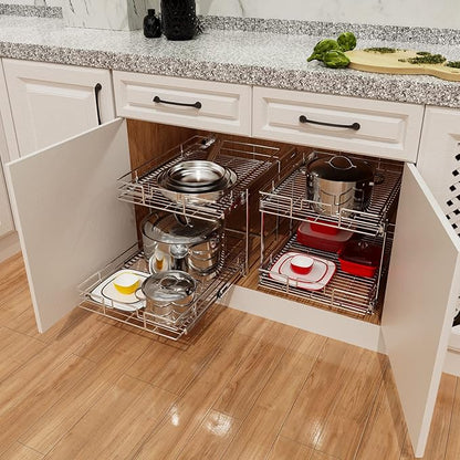 ROOMTEC Individual Pull Out Cabinet Organizer (22½"W x 21½"D), 2 Tier Spice Rack Organizer for Cabinet, Slide Out Drawer Pantry Shelf Organization and Storage for Kitchen Bathroom