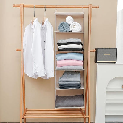 Large Hanging Sweater Organizer for Closet,Collapsible 6-Shelf Hanging Closet Shelves with Drawers, Washable (Beige -5 Shelf)