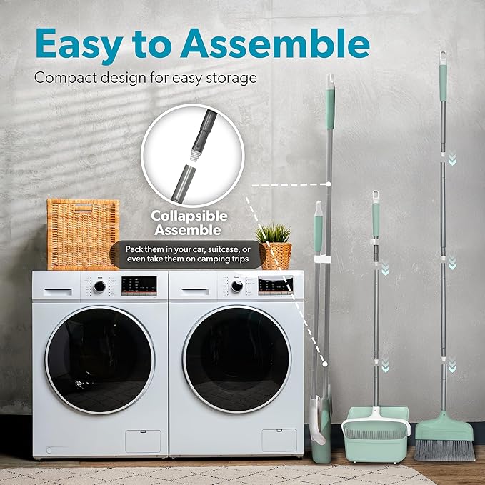 BLACK+DECKER Butler Broom & Dustpan Set - Short Handle, Stand-Up Design - Lightweight, Space-Saving Combo for Kitchen, Living Room, Bathroom, Lobby Floors - Home Cleaning Essential, Teal/Grey