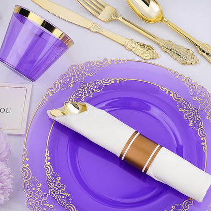 Bestluck 350PCS Purple Disposable Dinnerware