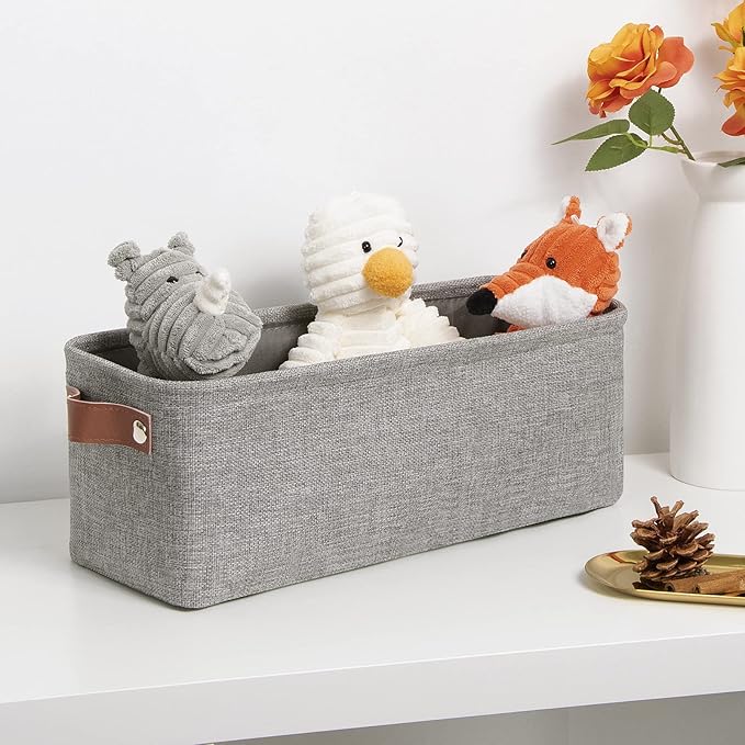 DULLEMELO Fabric Bathroom Storage Bin with Leather Handles, Narrow Organizer for Towels, Toilet Paper Rolls, Storage Basket for Back of Toilet, Vanities, Shelves & Cabinets (Gray)