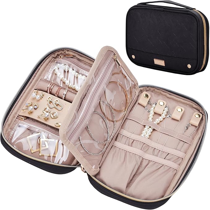NISHEL Travel Jewelry Case, Holiday Organizer for Necklaces, Earrings, Rings, Bracelets, Watch, Black