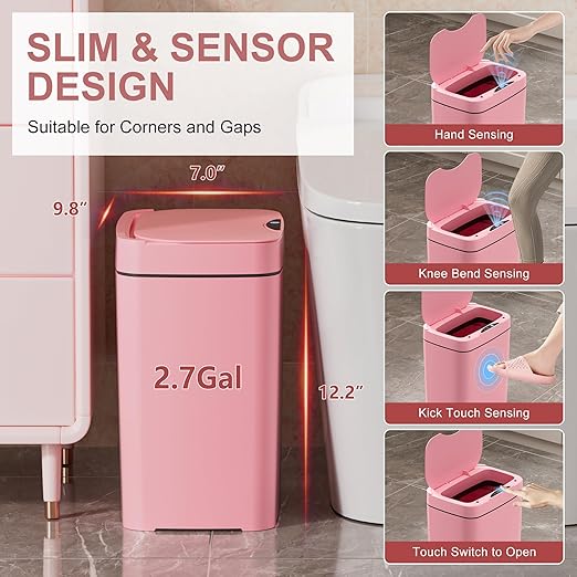 2 Pack 2.7 Gal Bathroom Trash Can with Lid, Automatic Trash Can Small Smart Garbage Can Touchless, Slim Motion Sensor Waterproof Plastic Trash Bins for Bedroom Office Kitchen Toilet Pink