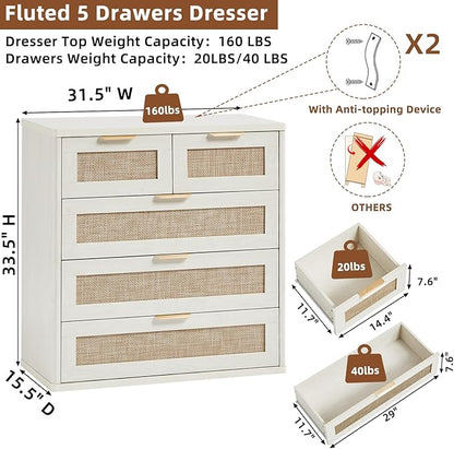 LEYAOYAO White Dresser for Bedroom, 33.5" Tall Chest of Drawers, Modern 5 Drawers Boho Rattan Dressers with Storage, Dresser Wooden Closet Organizer for Living Room, Hallway