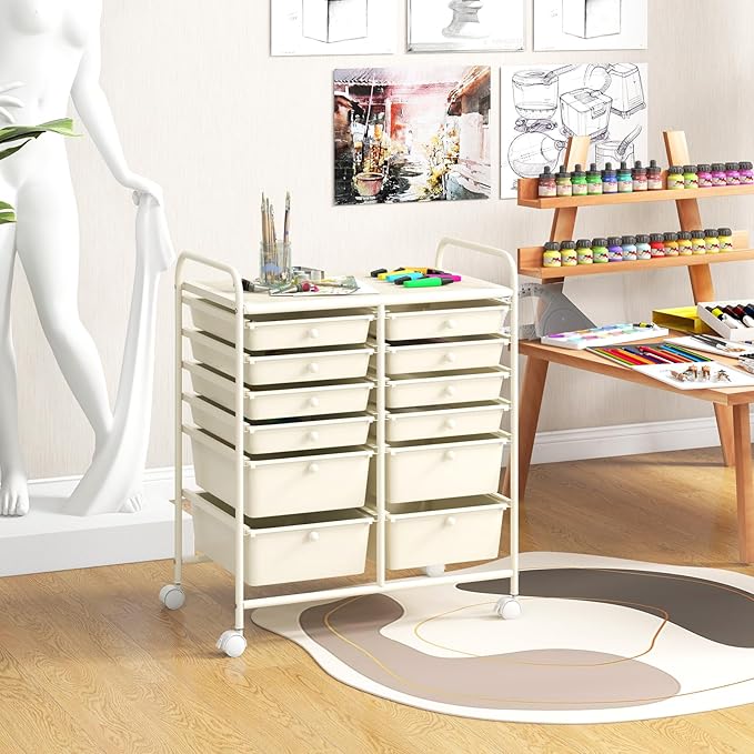 GOFLAME 12-Drawer Rolling Storage Cart, Multipurpose Organizer Cart with 2 Sizes Plastic Drawers, Mobile Utility Cart with Lockable Casters for School, Home Office, Beauty Salon, White