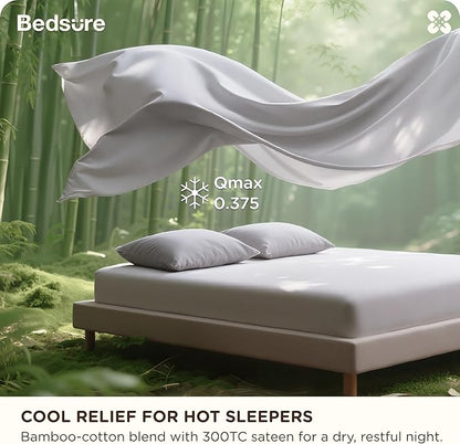 Bedsure Cooling Sheets, Rayon Derived from Bamboo & Cotton Blend, GentleSoft, Breathable, Queen Sheet Set, Deep Pocket Up to 18 Inches, Hotel Luxury Bedding for Hot Sleepers, Grey