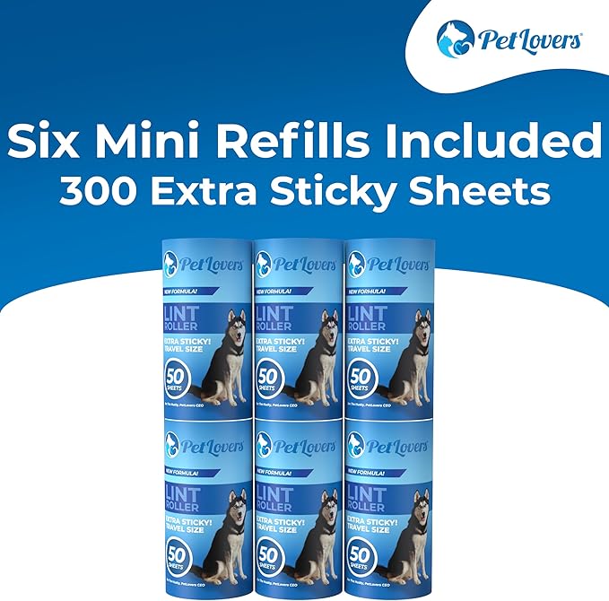 PetLovers Extra Sticky Lint Roller Mega Value Set for Pet Hair Removal, Dog and Cat Lint Remover (6 Pack Mini Refills)