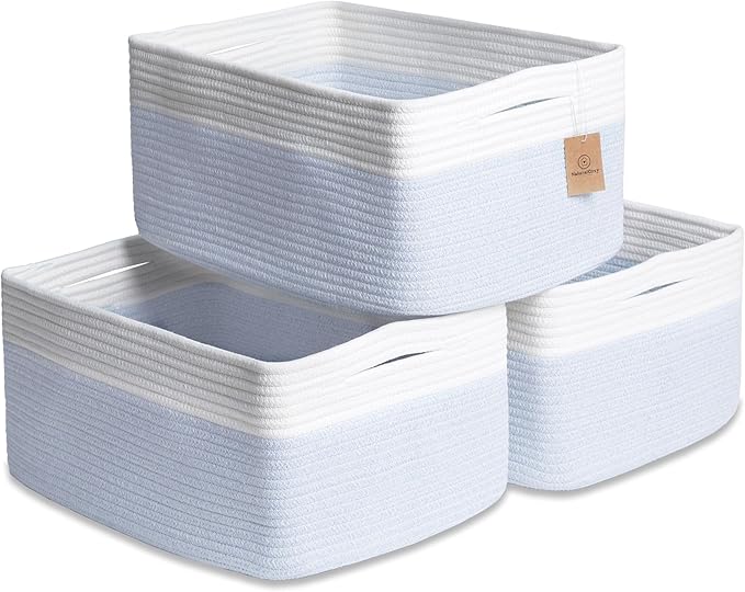 NaturalCozy Storage Baskets 16.8”x13”x7.6” Cotton Rope Woven Baskets for Organizing 3-Pack | Toy Storage Bins | Basket for Shelves, Laundry, Blanket, Clothes, Closet, Kitchen, Bathroom, Gifts