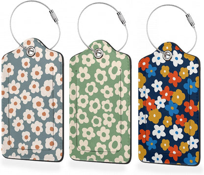3 Pack Luggage Tag for Suitcase,Vintage Groovy Flowers Leather Luggage Tags with Privacy Cover Name ID Label Identifiers Travel Bag Tags for Women Men Boys Girls