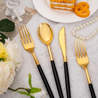 SUT Gold Plastic Silverware (160Pcs) Forks and Spoons Disposable, 80 Gold Plastic Forks, 40 Gold Knives, 40 Gold Spoons, Black and Gold Utensils Set Disposable for Parties, Weddings,New Year