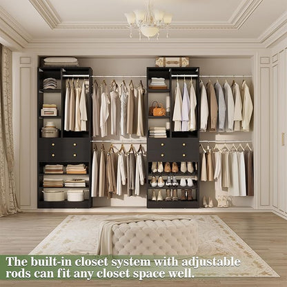 Closet System, Up to 134"/11.2 FT Closet Organizer with 4 Wooden Drawers and Shelves, Walk-in Closet System with 6 Hanging Rods, Built-in Closet Can Fit 96"/8FT, 120"/10FT, Black