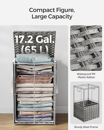 SONGMICS Laundry Hamper with Lid, 17.2 Gallon (65 L) Synthetic Rattan Clothes Laundry Basket with Lid and Handles, Foldable, Removable Liner, Dove Gray ULCB165G01