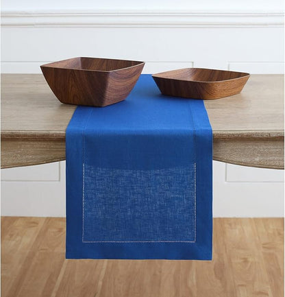 Solino Home Linen Royal Blue Table Runner 60 Inches - Classic Hemstitch, 100% Pure Linen Coffee Table Runner 14 x 60 Inch Ideal for Dresser Tables, Christmas, New Year