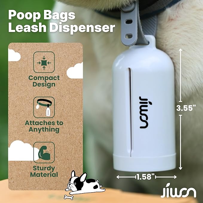 JIWON Dog Poop Bag Dispenser with 100% Compostable Refill Roll, Thick & Leakproof, Plant-Based, Fits Any Leash, 1 Dispenser and 15 Bags (1 Roll), Unscented