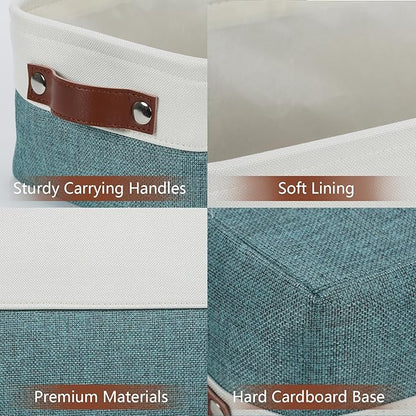 DULLEMELO Small Storage Bin,Small Fabric Rectangular Storage Basket for Shelves,Foldable Bin with Handles for Toy and Clothes Storage (White&Dark Green,1 PACK)
