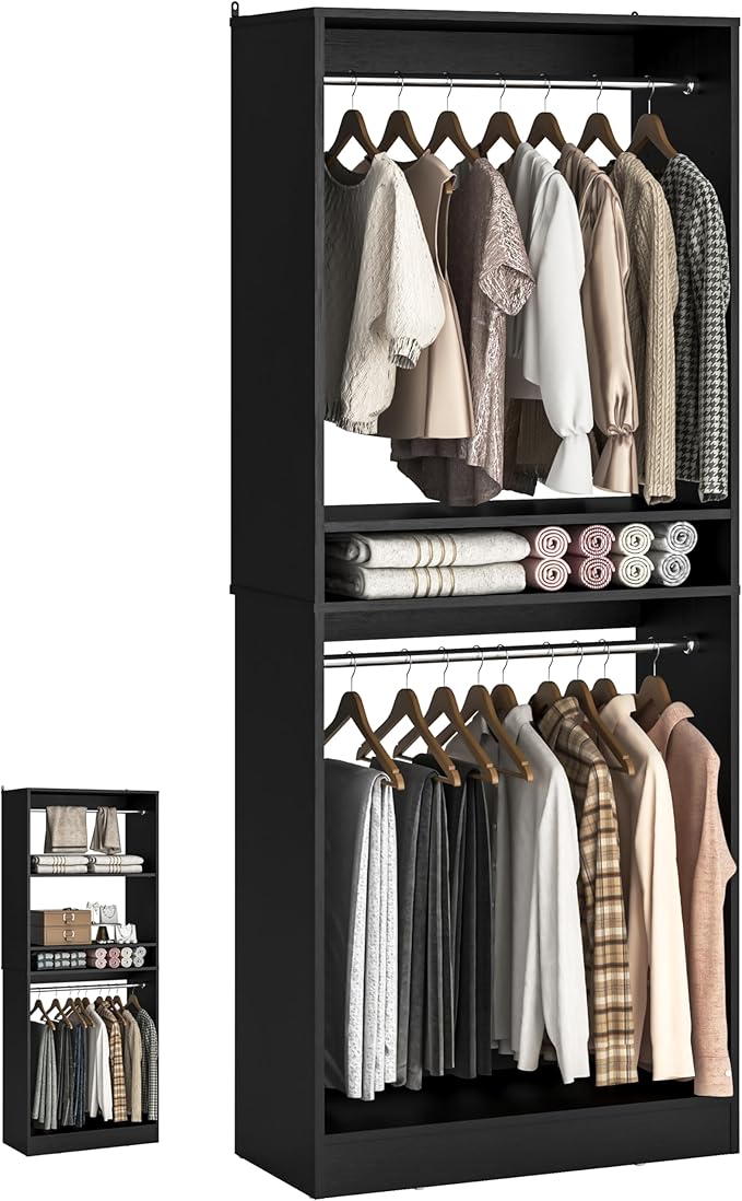 Unikito Freestanding Closet System, 25” Closet Organizer Wardrobe with Hanging Rod & Shelves, Adjustable Clothes Garment Rack, Sturdy Walk in Towers, Easy Assembly, 25" W x 16" D x 80" H, Black