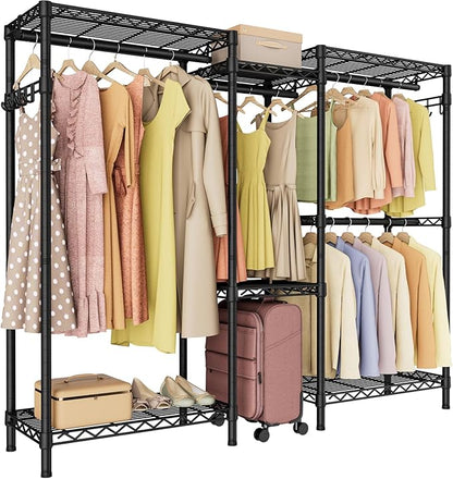 Heavy Duty Garment Rack Large Clothes Rack,Freestanding Closet Portable Clothing Rack with 7 Adjustable Wire Shelves&4 Hang Rods&2 Hooks,Metal Closet Storage Organizer Wardrobe System,MaxLoad 1000lbs