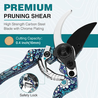 WORKPRO Aluminum Garden Tool Set, 4PCS Heavy Duty Hand Garden Tools with Box Include Trowel, Rake, Pruner, Garden Gloves, Blue Floral, Garden Gifts
