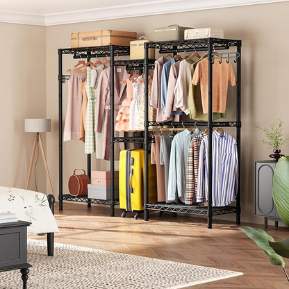 Heavy Duty Garment Rack Large Clothes Rack,Freestanding Closet Portable Clothing Rack with 7 Adjustable Wire Shelves&4 Hang Rods&2 Hooks,Metal Closet Storage Organizer Wardrobe System,MaxLoad 1000lbs