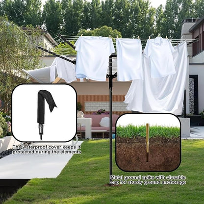 Heavy Duty Outdoor Umbrella Drying Rack, 12 Lines with 165 Feet Drying Space, Steel Frame & Adjustable Height, 4-arm Umbrella Clothesline for Laundry, Collapsible Clothes Drying Rack for Backyard