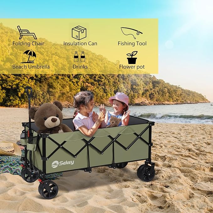 Sekey 48''L Collapsible Foldable Extended Wagon with 440lbs Weight Capacity, Heavy Duty 300L Folding Utility Garden Cart with Big All-Terrain Beach Wheels & Drink Holders. Khaki