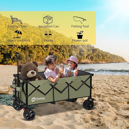 Sekey 48''L Collapsible Foldable Extended Wagon with 440lbs Weight Capacity, Heavy Duty 300L Folding Utility Garden Cart with Big All-Terrain Beach Wheels & Drink Holders. Khaki